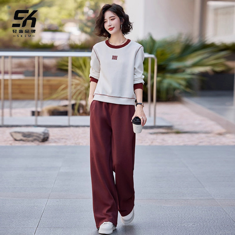 休闲运动套装女士撞色美式卫衣卫裤两件套2025年女秋冬高腰阔腿裤