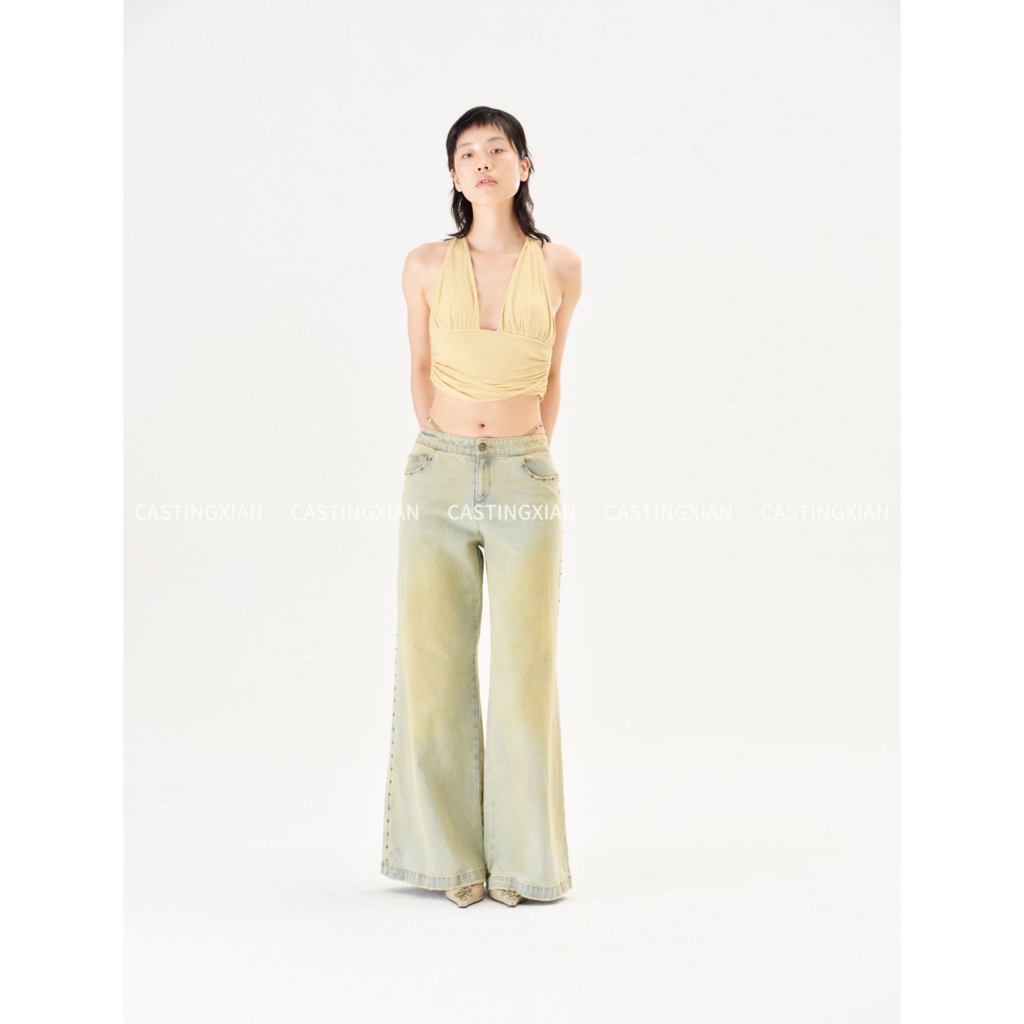 CASTING无隅｜RUIbuilt 26春夏 细带拼接铆钉阔腿牛仔裤