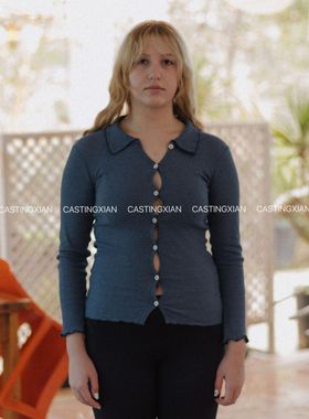 CASTING无隅｜Baserange 靛蓝色翻领系扣长袖修身上衣打底