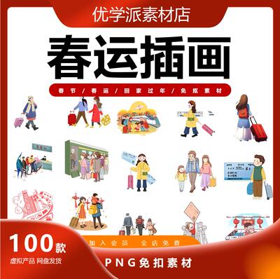 春运插画春节新年回家过年/春运/春运人物场景PS设计png免抠素材