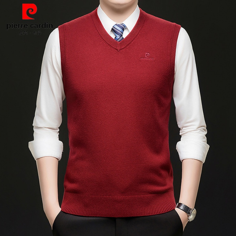皮尔卡丹正品羊毛V领男士背心春秋新款高端毛衣针织打底马甲男装