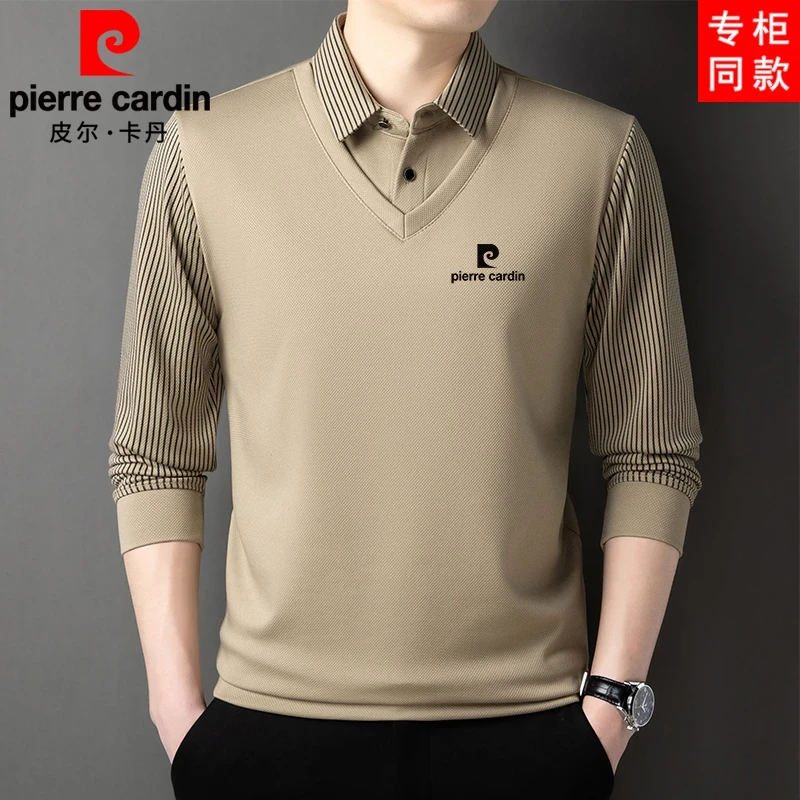 皮尔卡丹桑蚕丝中年男士春秋季长袖透气条纹假两件保暖POLO衫男