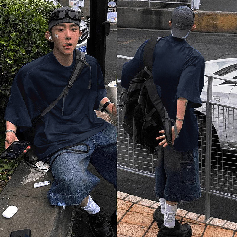 真维斯小众高街痞帅纯色小领口上衣重磅纯棉藏青色夏季短袖t恤男