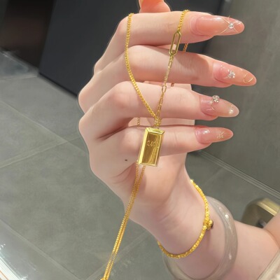 古法黄金包银暴富小金砖项链女士吊坠锁骨链足金轻奢高级感首饰礼