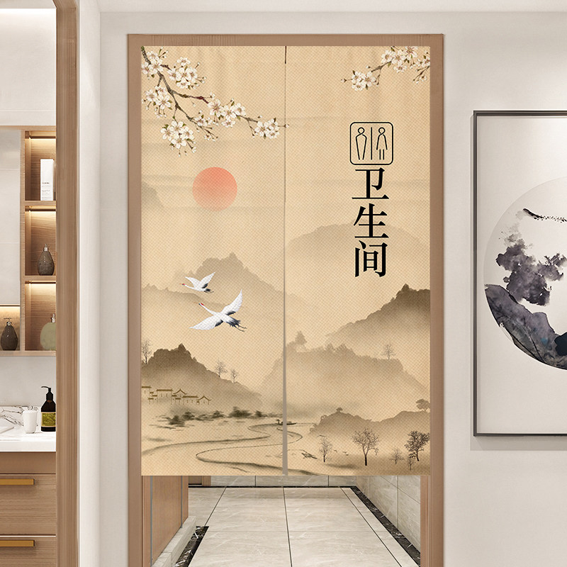中式山水卫生间门帘隔断帘家用商用洗手间厕所遮挡帘布帘帘子定制