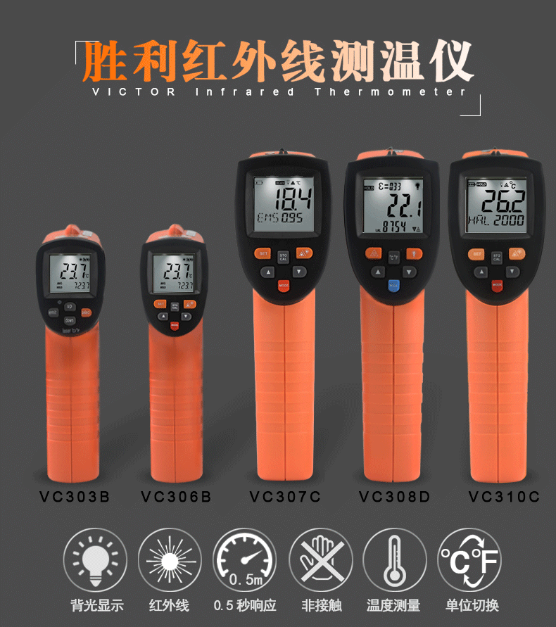 胜利VC302B/303B/308D/307C/310C红外线测温仪高精度工业测温枪