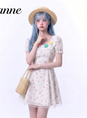 Zanne 樱花少女 甜美风方口领碎花连衣裙女夏日绝美泡泡袖短裙子