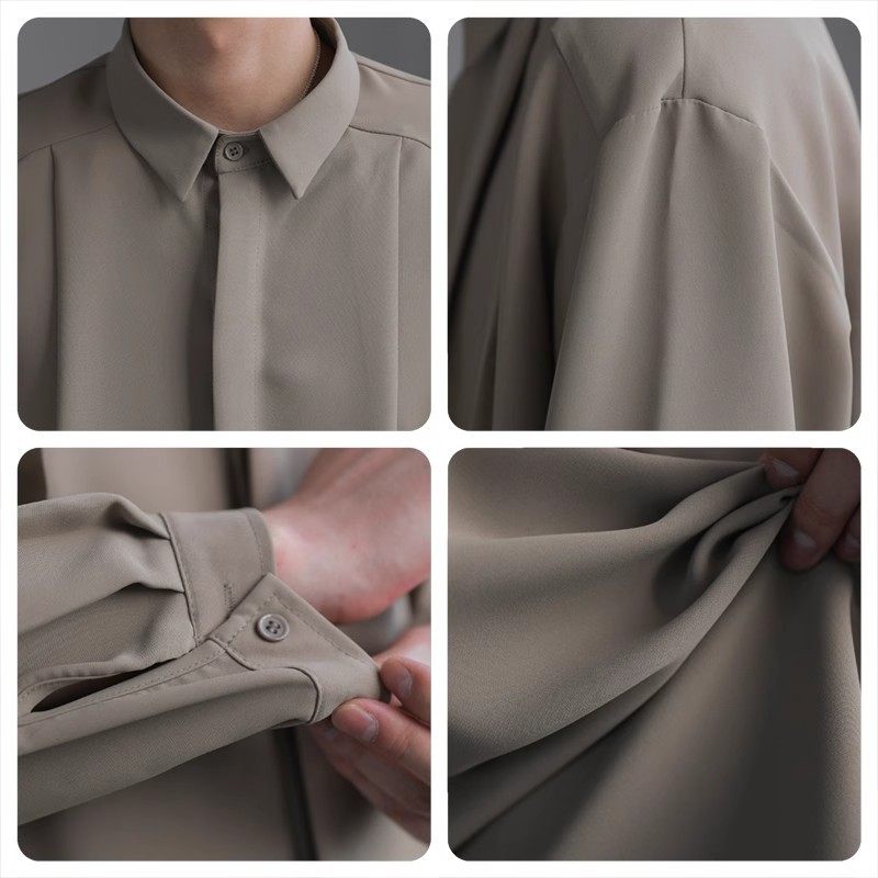 韩国风宽松纯色高级感垂感长袖衬衫男春秋季上衣潮流痞帅免烫衬衣
