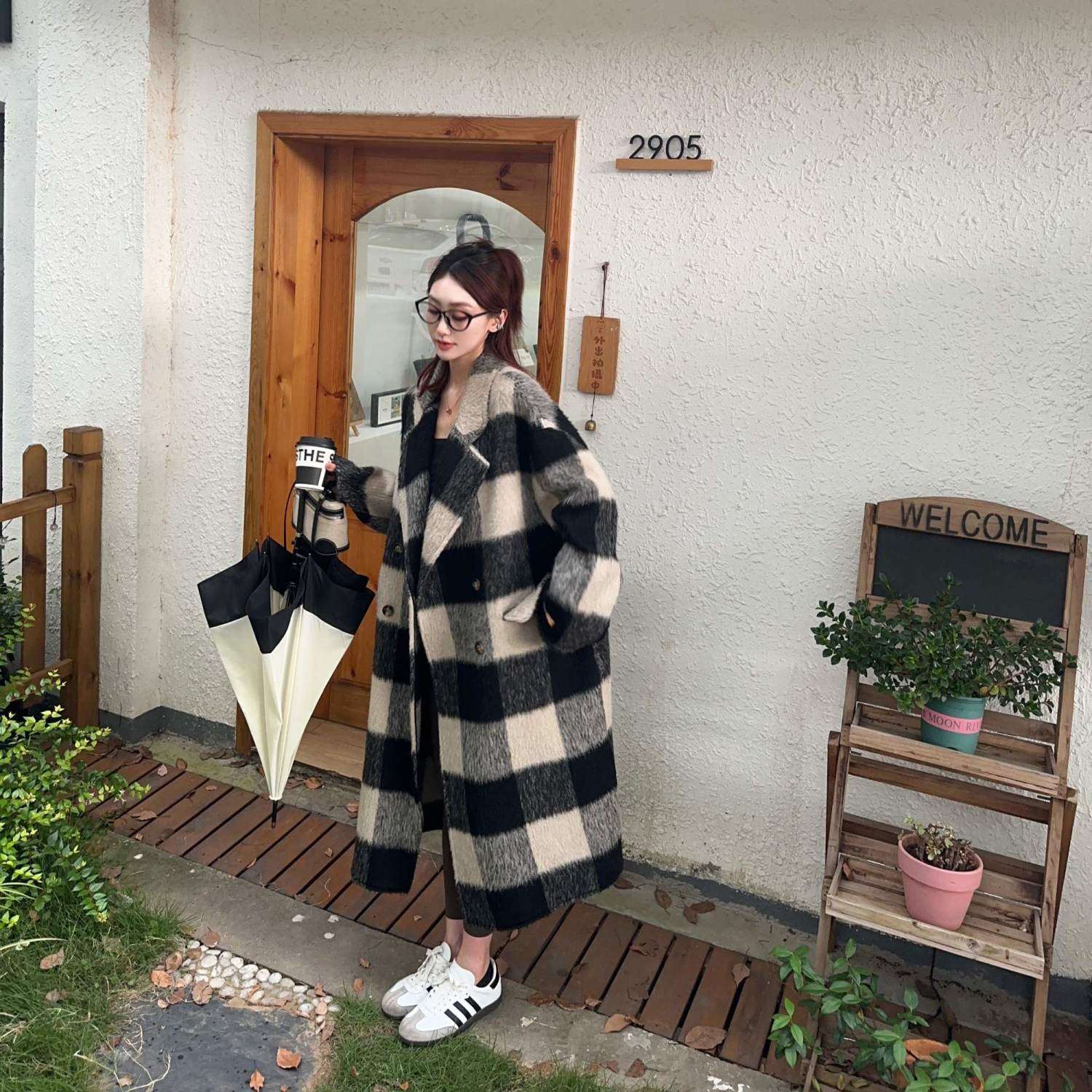 2025秋冬新款双面羊毛大衣女中长款韩版时尚加厚网红格子外套