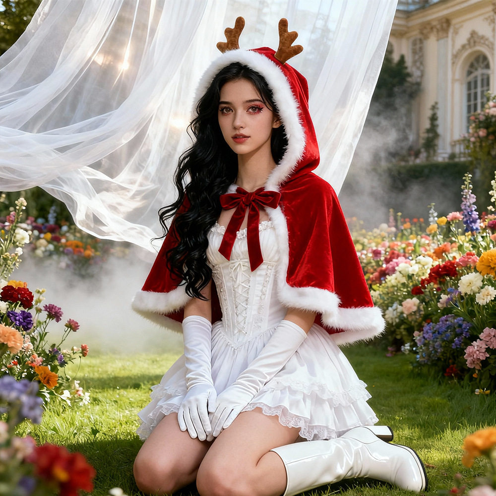 2025圣诞节鹿角披风圣诞连帽斗篷女装性感圣诞派对舞台装扮连衣裙