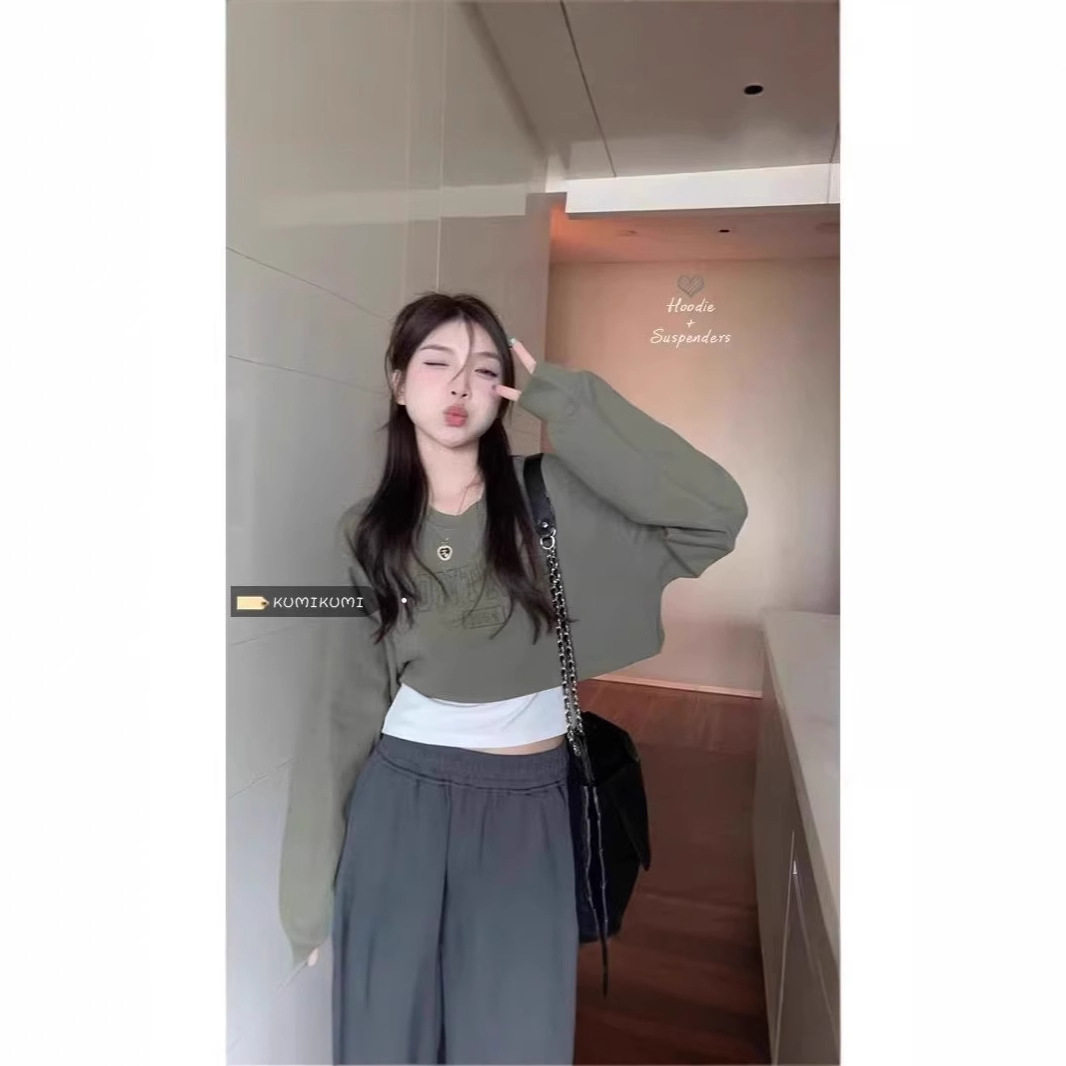 【工厂现货】学院宽松短款时尚叠穿套装长袖卫衣女秋季内搭两件套