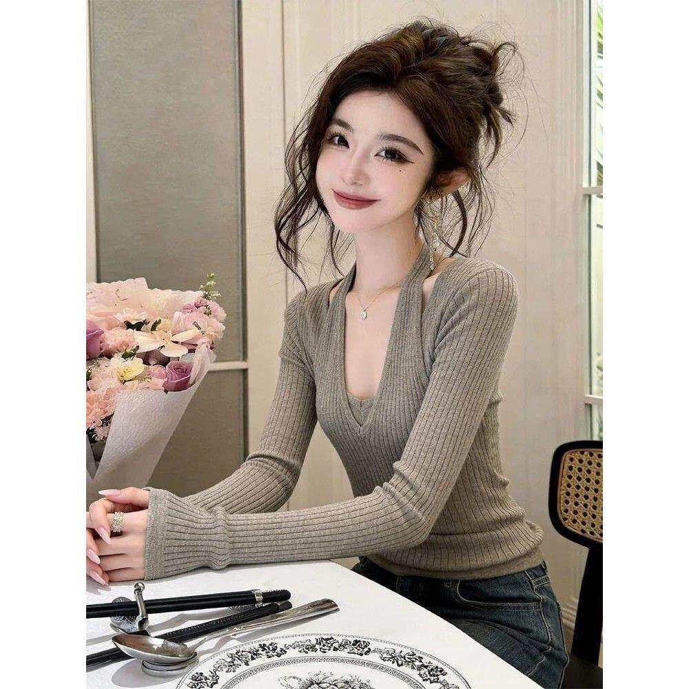 韩系假两件V领针织衫女春秋新款修身显瘦打底衫纯欲气质漂亮上衣