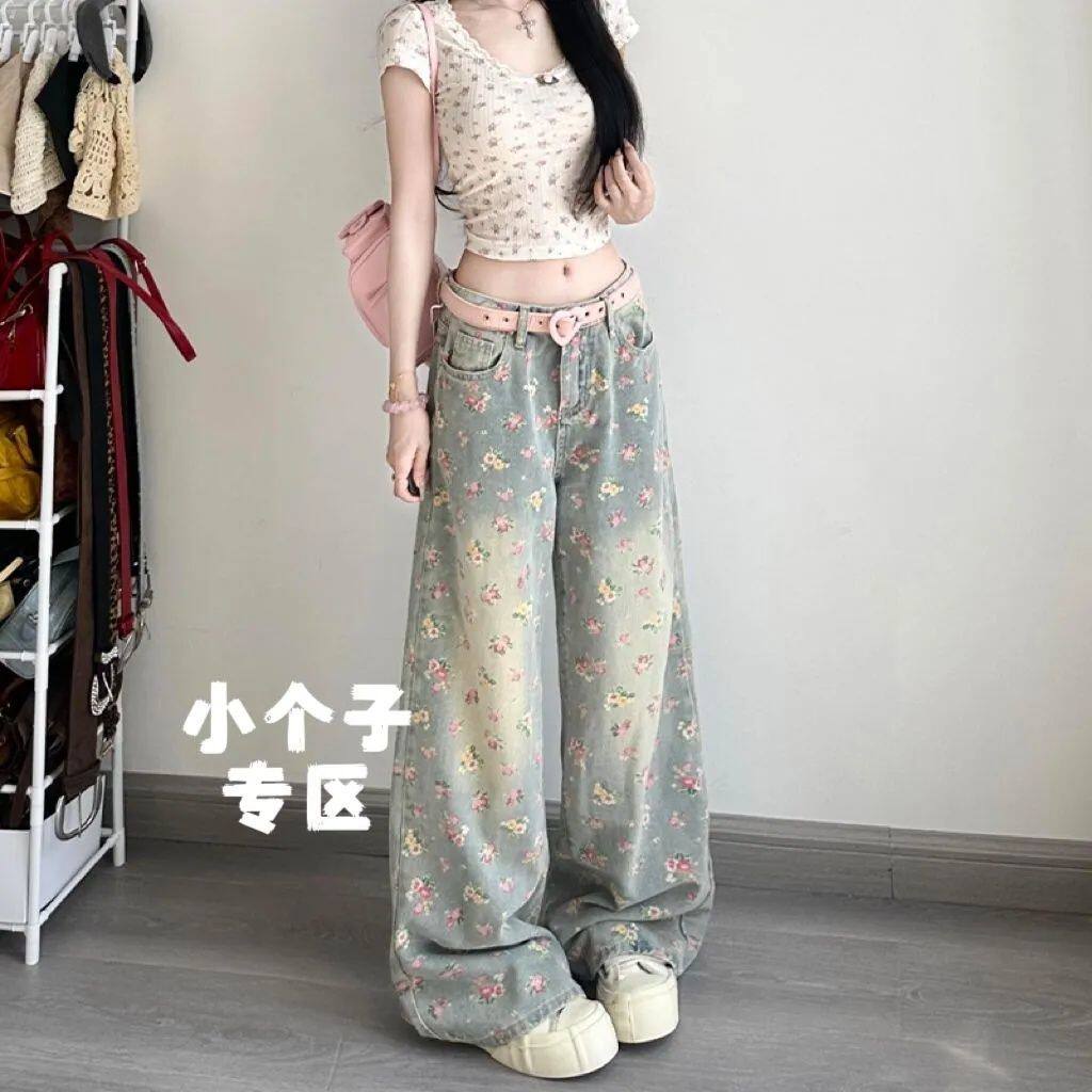 150小矮个子复古花卉满印牛仔裤女夏季水洗设计感高腰直筒阔腿裤
