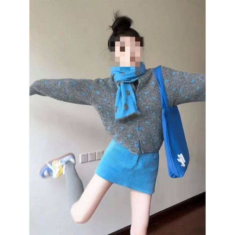 韩系穿搭一整套装女秋季慵懒时尚高级感波点长袖针织开衫高腰短裙