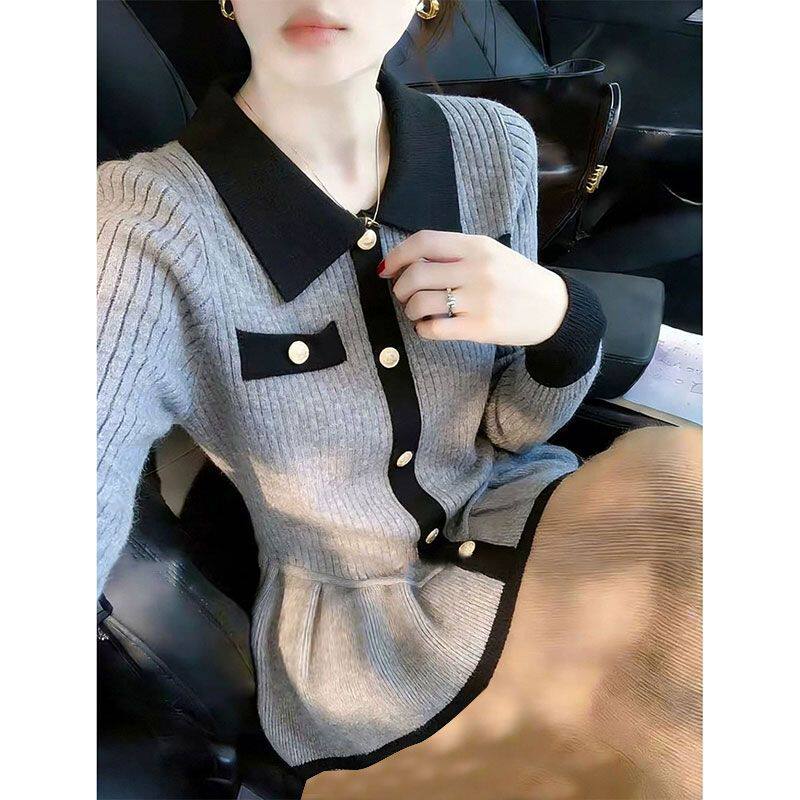 高级感撞色polo领针织衫~秋冬上衣收腰荷叶边毛衣女装