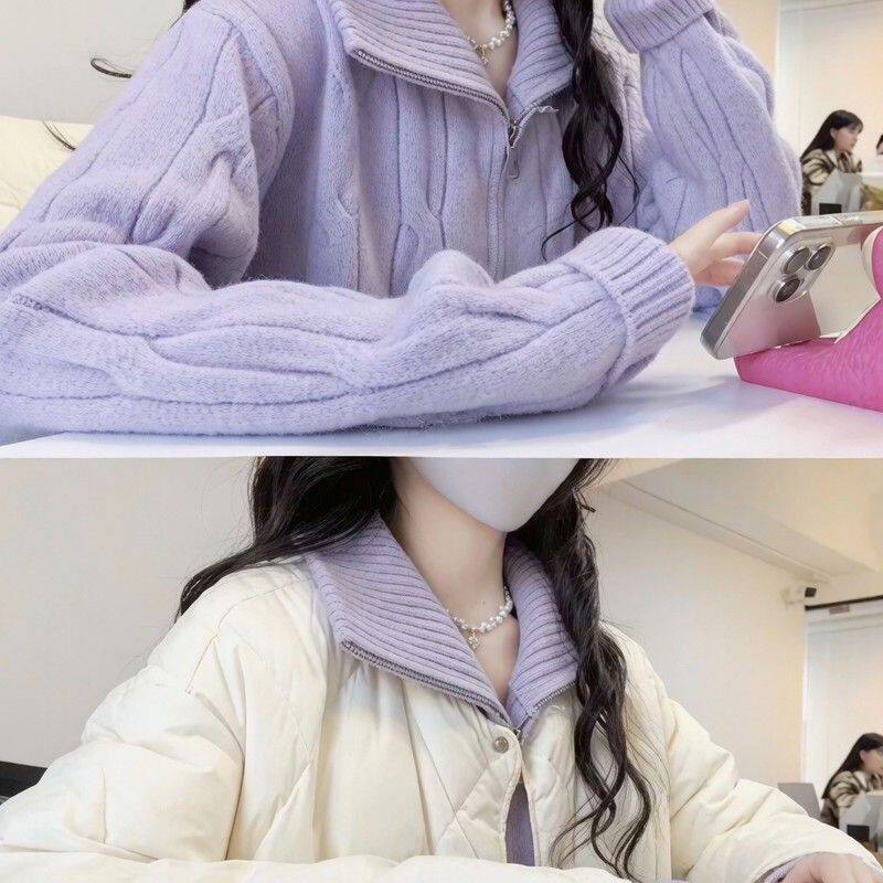香芋紫麻花拉链半高领毛衣外套女2026新款冬季穿搭加厚多巴胺上衣