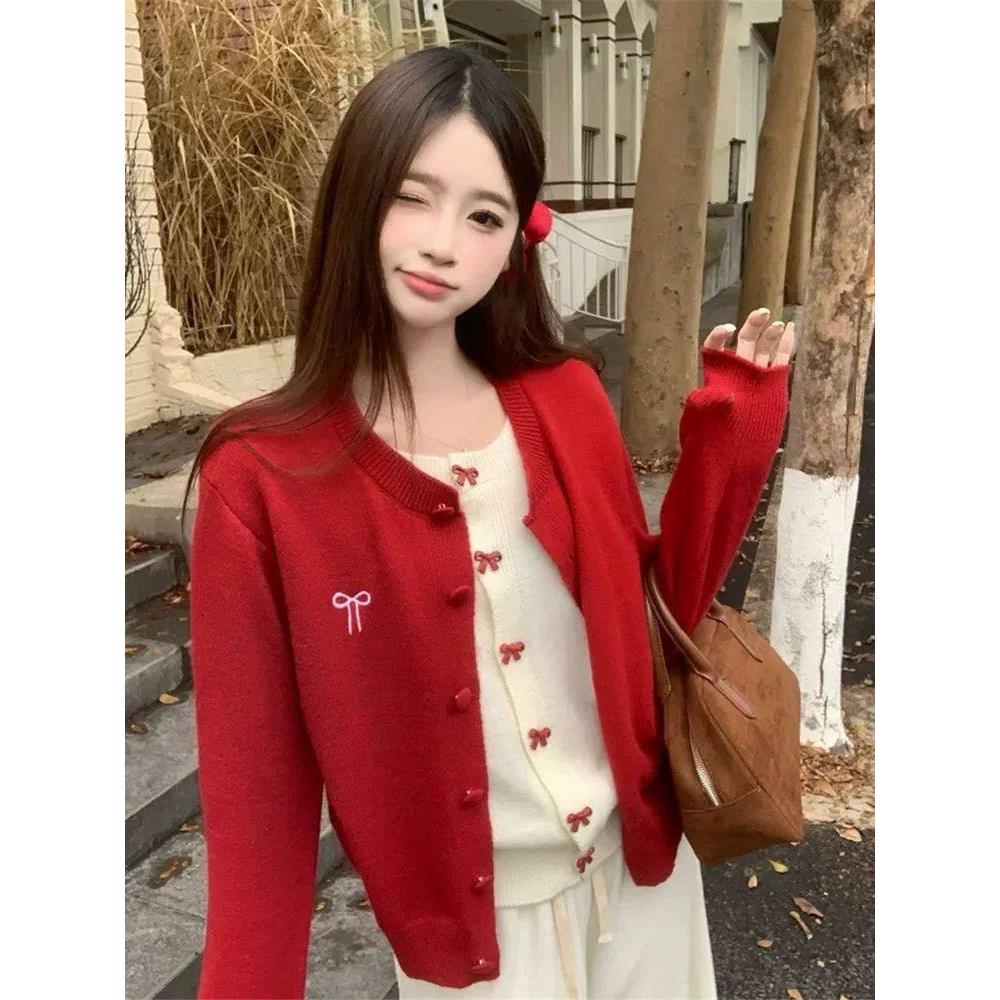 氛围感红色毛衣女秋季新款宽松慵懒感刺绣假两件针织开衫外套