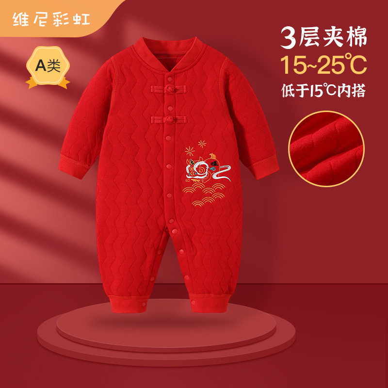 3夹棉衣服新生儿连体衣红色中式3