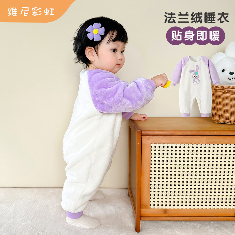 宝宝睡衣秋冬季法兰绒加厚婴儿连体衣冬款婴幼儿防着凉睡袋珊瑚女