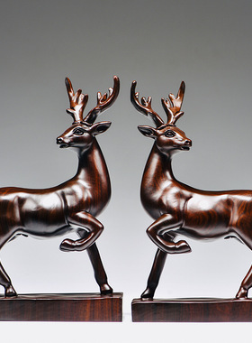 黑檀实木雕刻梅花鹿摆件檀木头根雕一路发家居客厅装饰红木