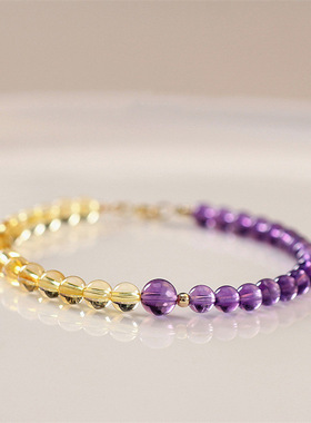 极细4mm天然紫水晶手链女财富运黄水晶14k金珠紫气东来送女友