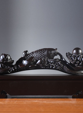 黑檀木年年有鱼根雕荷花雕刻摆件红木家居装饰工艺品开业乔迁