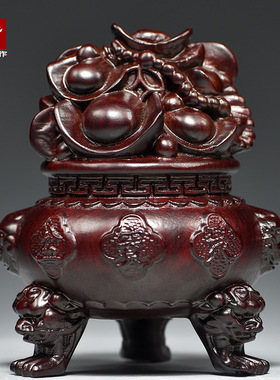 黑檀实木雕刻聚宝盆摆件木头根雕发财黄金万两红木家居装饰