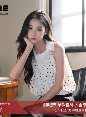 朗姿集团LIME莱茵法式优雅波点衬衫白色25夏新款翻领露肩无袖上衣