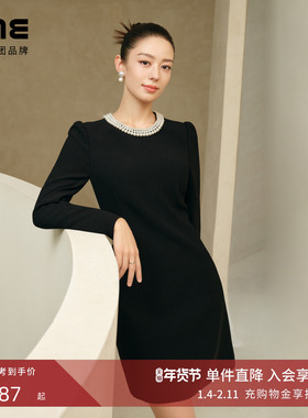 吉娜同款 朗姿/LIME莱茵赫本风法式轻奢珍珠年会香风小黑裙连衣裙