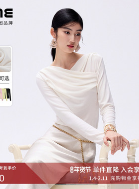 朗姿/LIME莱茵天丝羊毛修身打底衫非对称褶皱领线时尚26年春新款