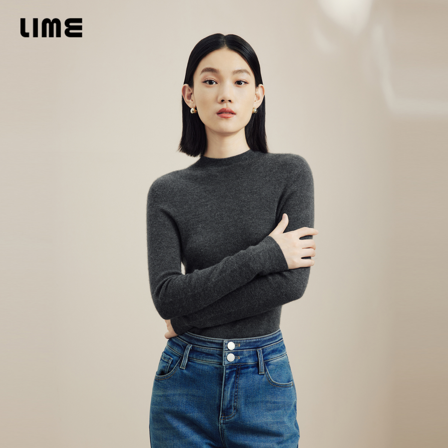 LIME莱茵半高圆领羊绒衫秋冬新款简约纯色无缝针织套头衫浅灰色