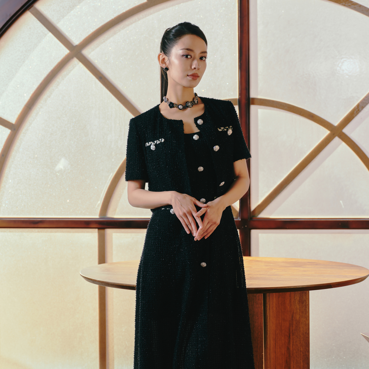 【吉娜同款】朗姿集团LIME莱茵小香风连衣裙25夏收腰显瘦小黑裙