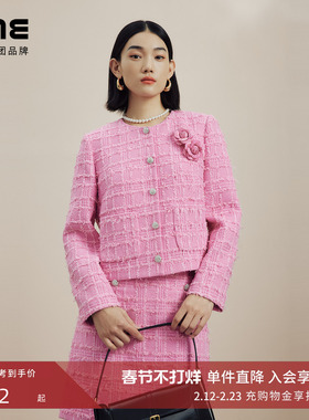 LIME莱茵法式优雅小香风粗花呢套装秋冬圆领宽松短上衣A字半裙