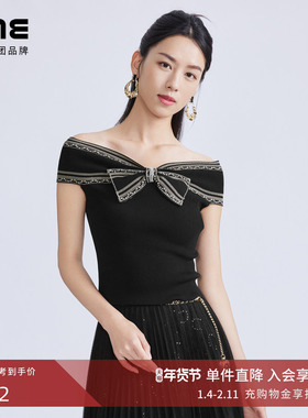 LIME莱茵一字领蝴蝶结针织套头衫黑色2024春夏新款钉珠设计感短袖