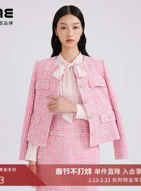 LIME莱茵年早春新款粗花呢短截上衣亮粉色圆领直筒型小香风外套