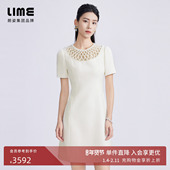 LIME莱茵镂空网格设计圆领连衣裙白色春夏新款 小香风收腰裙子