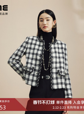 LIME莱茵复古黑白格纹圆领短截上衣秋冬新款气质小香风外套