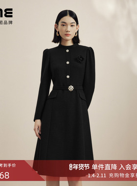 LIME莱茵半高圆领法式优雅小香风黑色连衣裙秋冬新款收腰裙