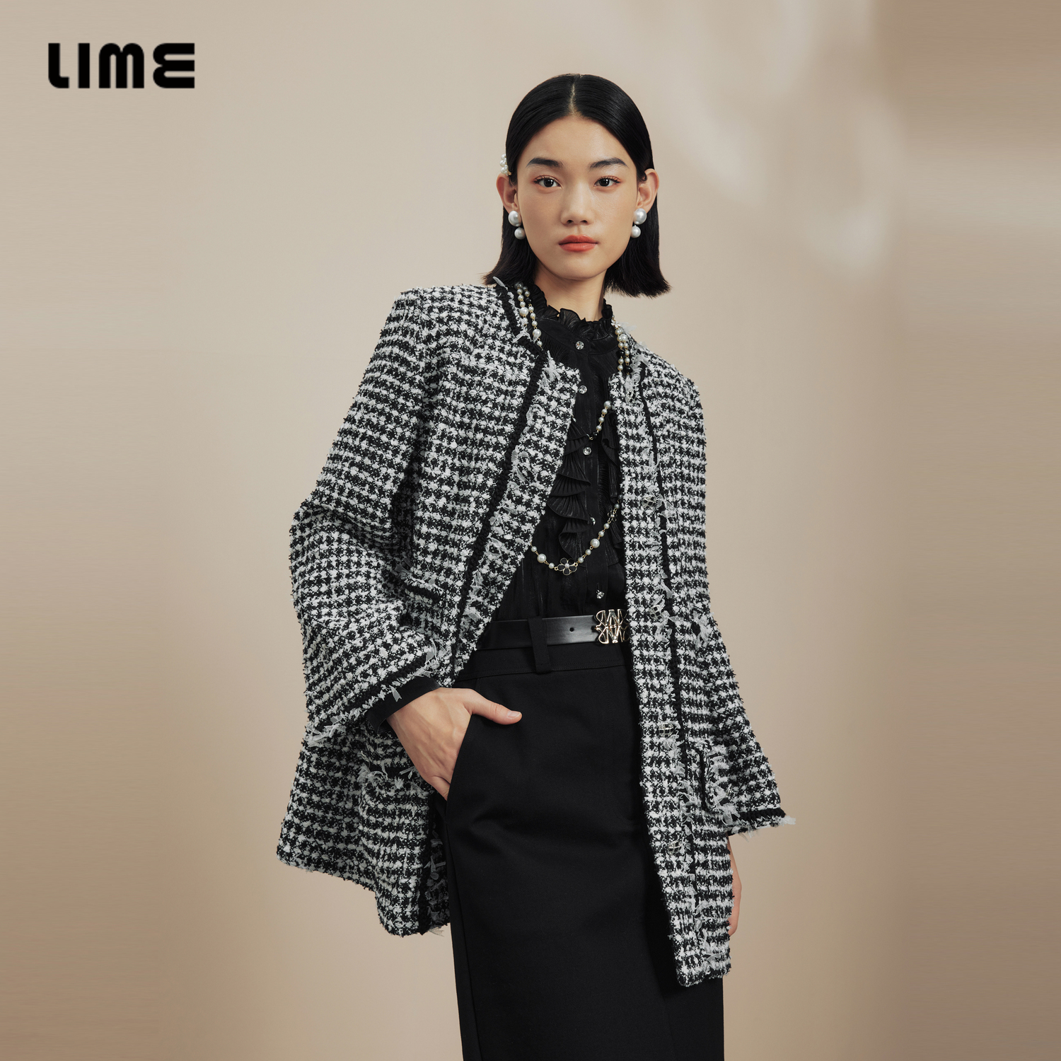 LIME莱茵高定法式优雅小香风粗花呢中长大衣冬宽松直筒H型外套