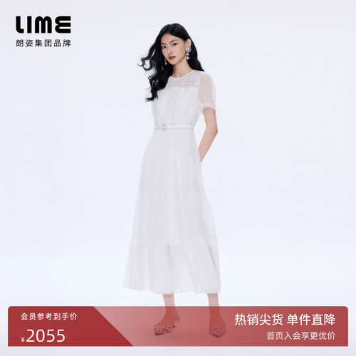 朗姿/LIME莱茵蕾丝刺绣拼接泡泡袖收腰长款连衣裙气质2026夏新款