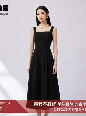 LIME莱茵吊带黑色连衣裙春夏新款方领设计赫本风收腰小黑裙