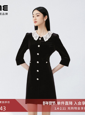 【丝绒】LIME莱茵法式蕾丝领连衣裙黑色2024秋新款珍珠扣收腰裙