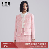 LIME莱茵年早春新款 粗花呢短截上衣灰粉色名媛优雅小香风外套