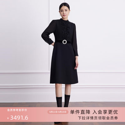 LIME莱茵商场同款春季新款黑色连衣裙中长款装饰高贵