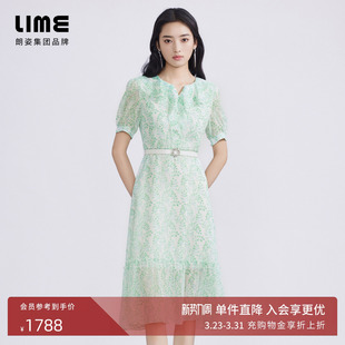LIME莱茵雪纺印花连衣裙叶绿色春夏新款 V领收腰显瘦茶歇裙