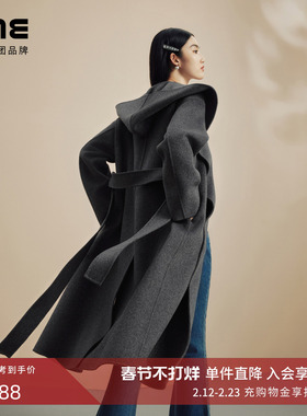 LIME莱茵羊毛羊绒混纺双面呢长大衣深灰色秋冬新款大翻领收腰