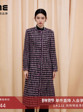 朗姿/LIME莱茵商场同款羊毛混纺格纹粗花呢长大衣苋紫色通勤新款