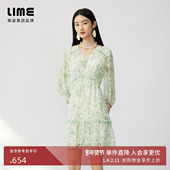 LIME莱茵V领印花连衣裙薄荷曼波春夏新款 清新度假风收腰裙子