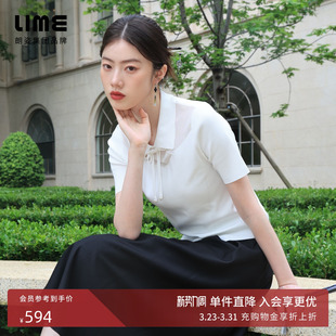 简约黑白设计感短袖 春夏新款 小翻领针织套头衫 LIME莱茵新中式