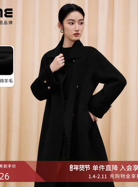 朗姿/LIME莱茵双面毛呢羊毛长大衣黑色配金色金属扣显瘦25冬新款